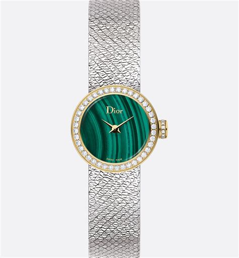 La Mini D de Dior Satine Ø 19 mm, Steel, Yellow Gold, Malachite 